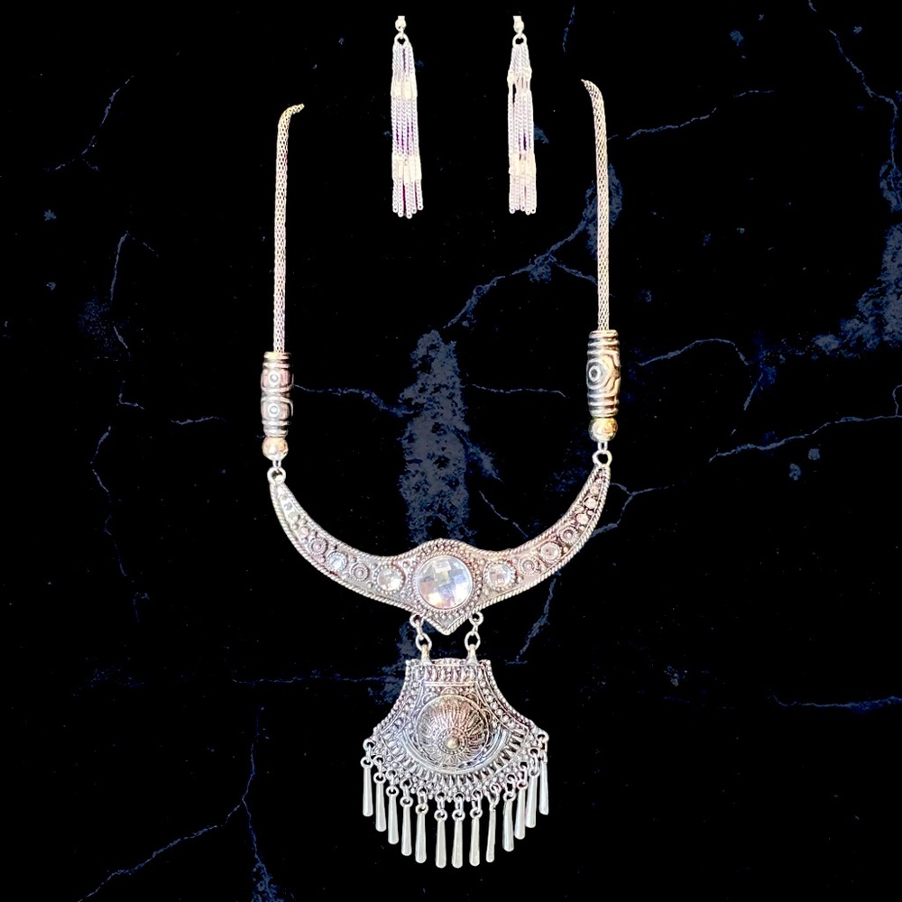 Vintage ESTATE Silver Tone Hmong  Bohemian Ethnic Statement Necklace, Earrings